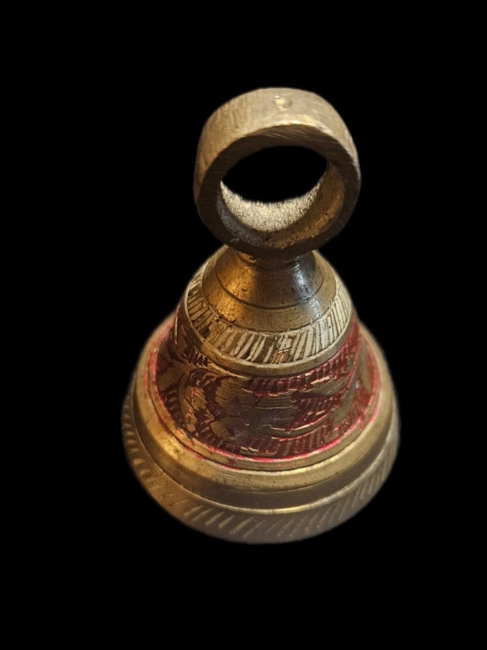 Vintage Indian Brass Bell with Red Enamel - Handcrafted Temple Bell with Ringer